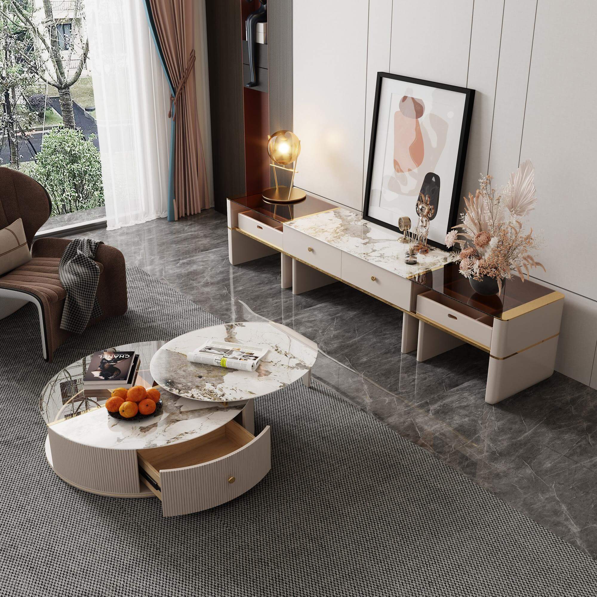 Beige round coffee table with combination design, perfect for modern living rooms