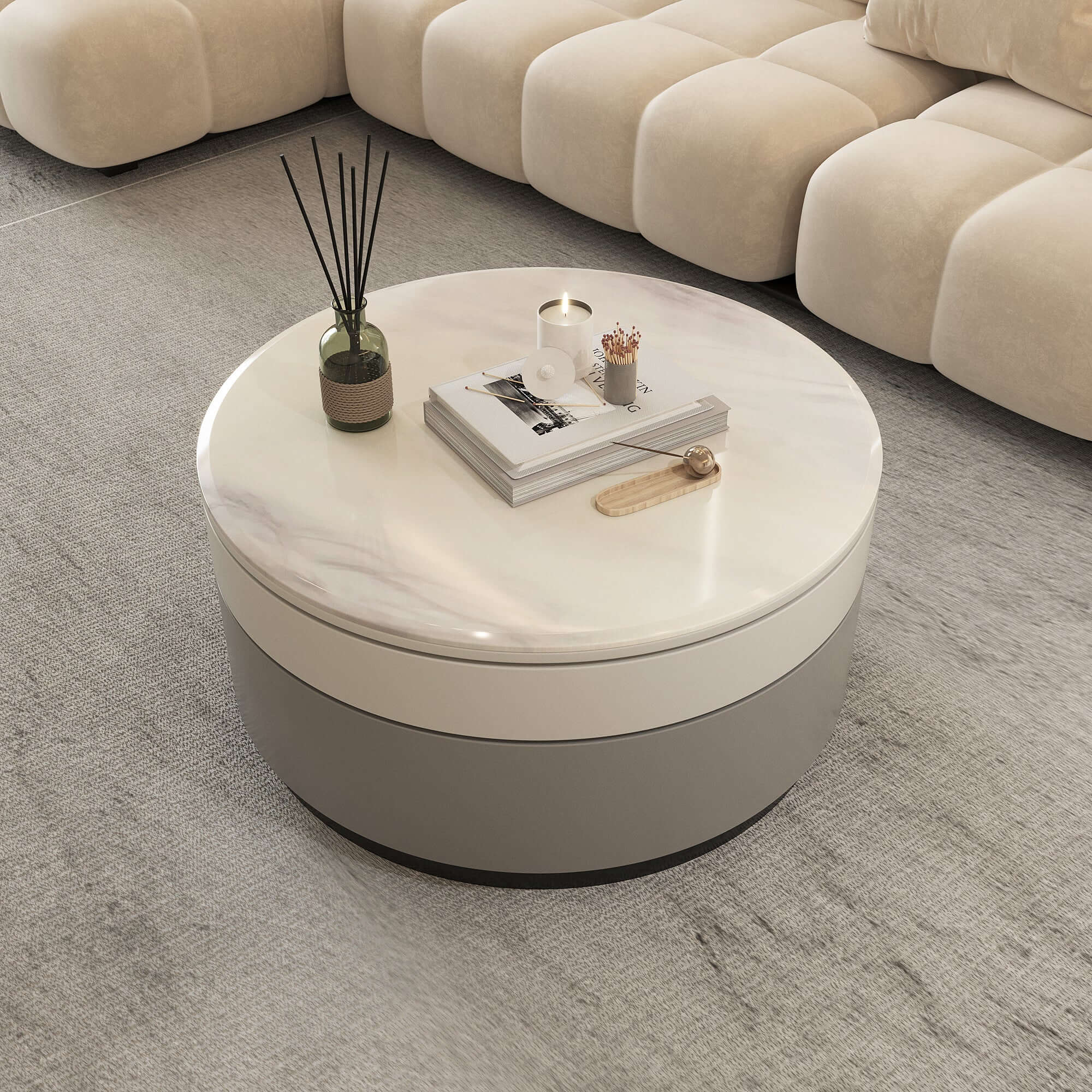 Rotating round coffee table with durable microcrystalline stone top for modern living rooms