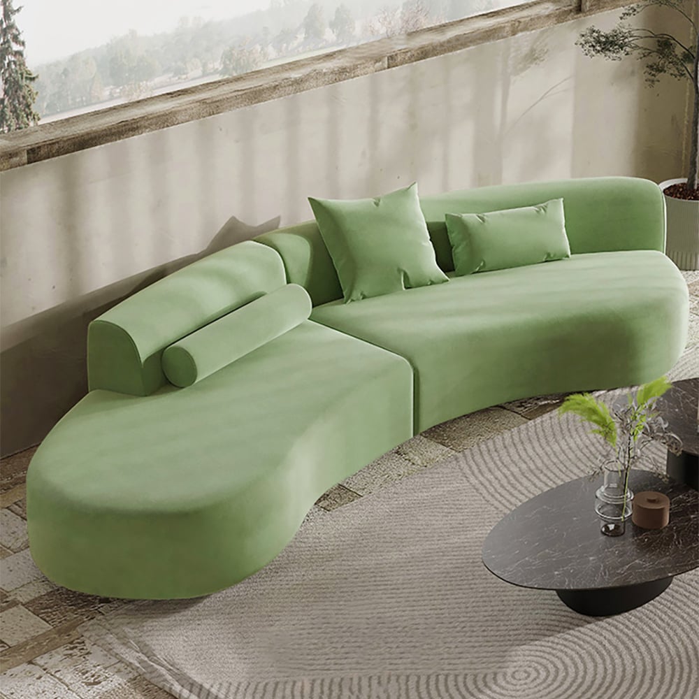 Modern green curved velvet sectional sofa with pillows, 4-seater upholstered couch, 109 inches long