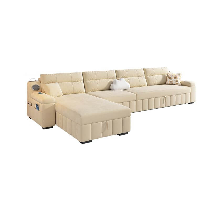 Beige Twill Sofa Recliner with USB Port, Under-seat Storage, Left Orientation, and L-Shape Design, 134"L x 63"W x 33"H