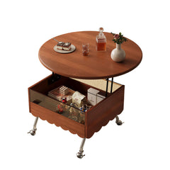 Retro Round Coffee Table with Multi-functionality Adjustable Height and Mobility