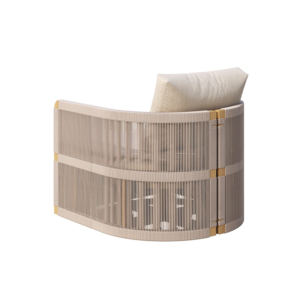 Modern outdoor swivel sofa set with aluminum frame and rope accents, includes coffee table in khaki