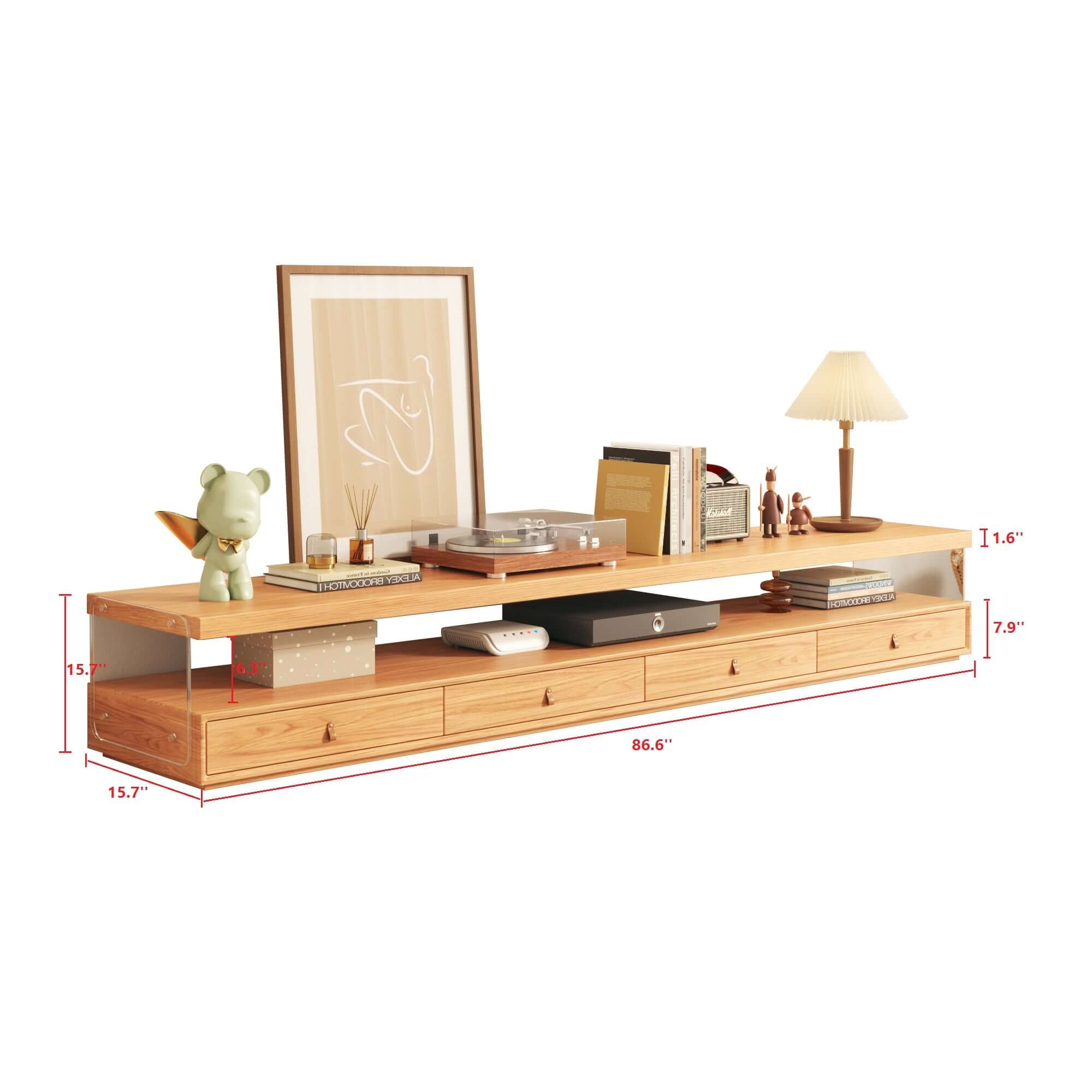 Wood media center TV stand featuring shelves and four drawers for organized storage