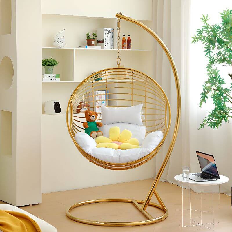 Silver and Aurous stainless alloy porch swing with stand, cushions, and chain for outdoor comfort