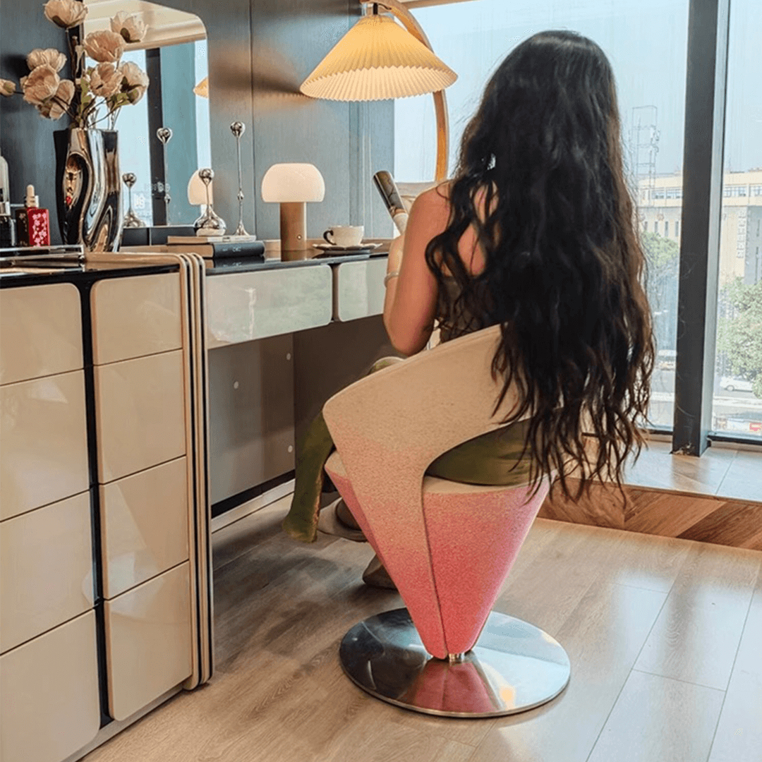 Pink and khaki Luxe Cone vanity stool with swivel feature for stylish seating