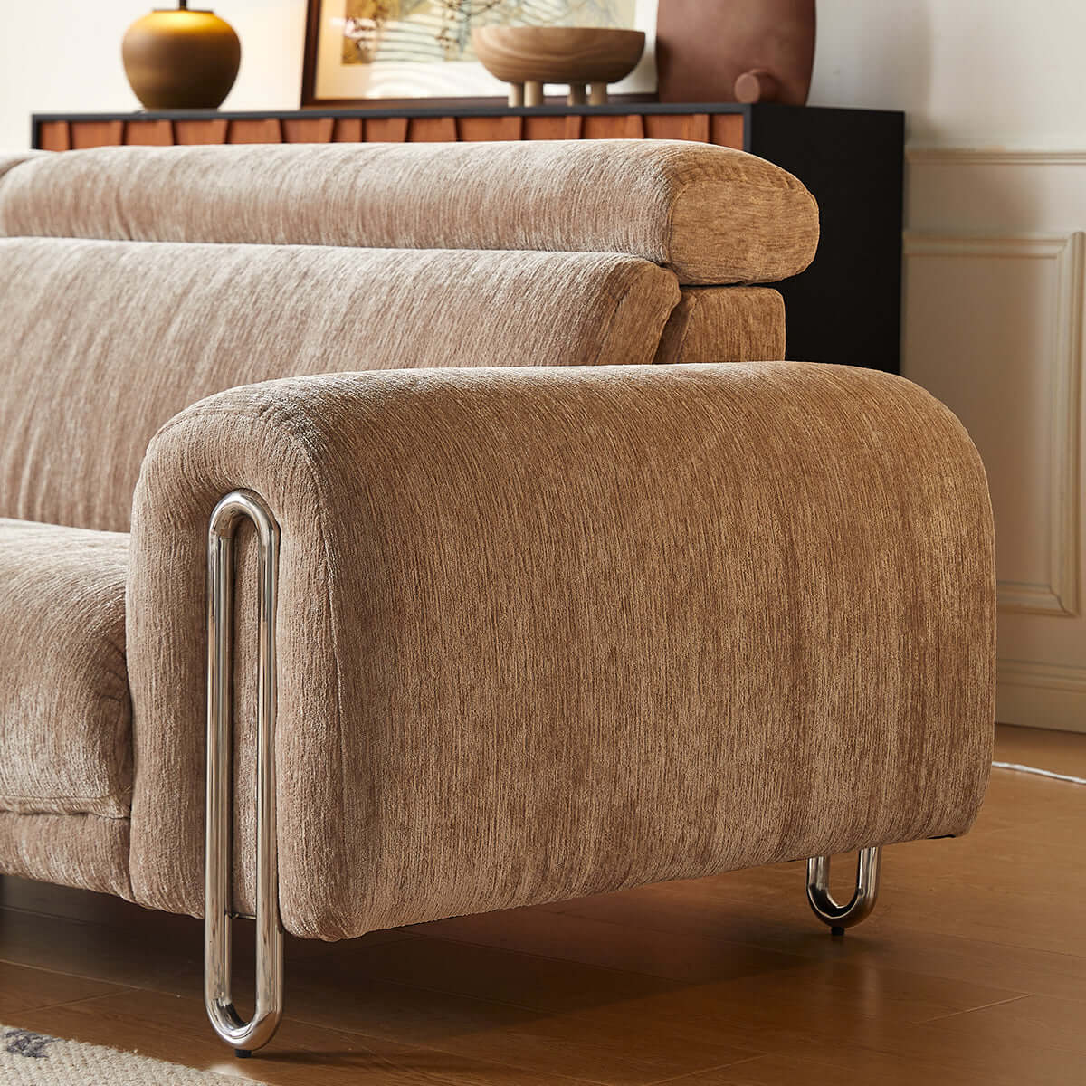 Contemporary chenille lounge sofa featuring a removable couch cover for easy cleaning