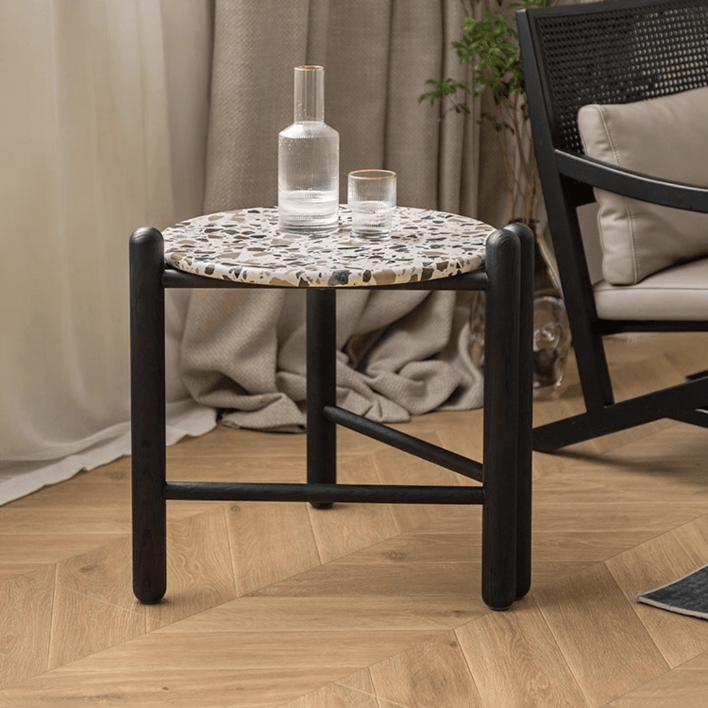 Contemporary terrazzo side table with unique patterns and easy maintenance
