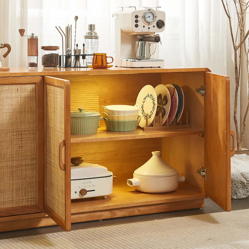 71" Ash Wood Buffet Cabinet with Woven Rattan Doors