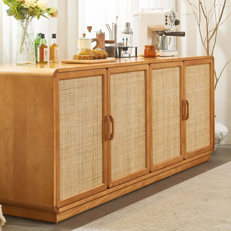 71" Ash Wood Buffet Cabinet with Woven Rattan Doors