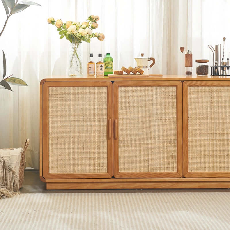 71" Ash Wood Buffet Cabinet with Woven Rattan Doors