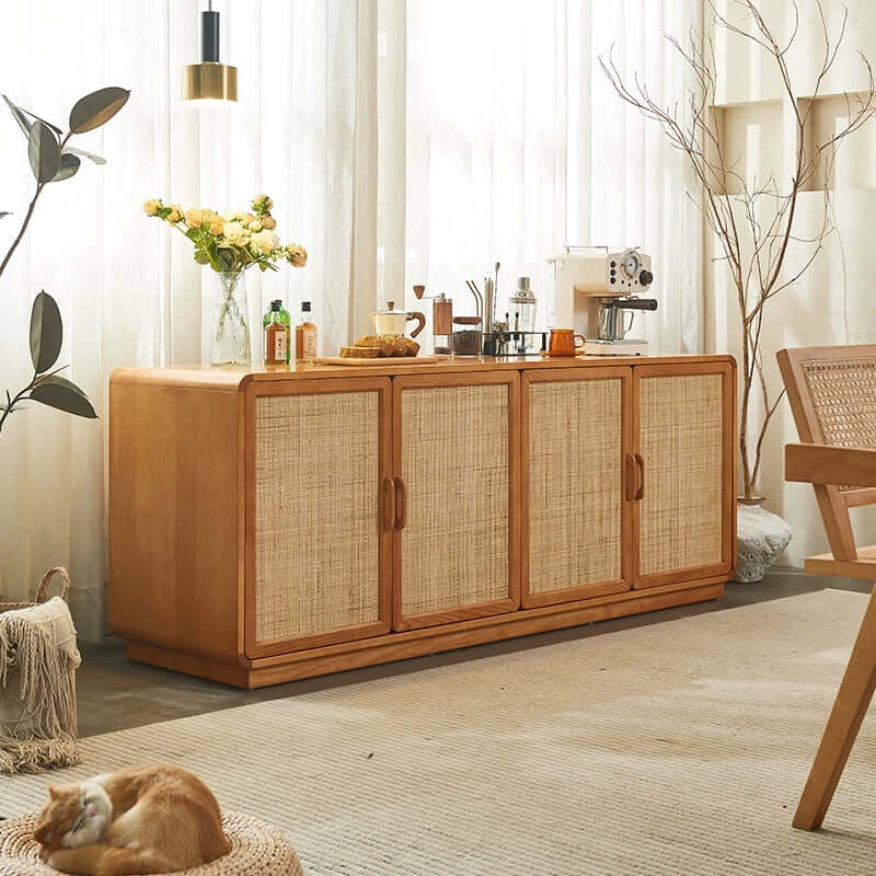 71" Ash Wood Buffet Cabinet with Woven Rattan Doors