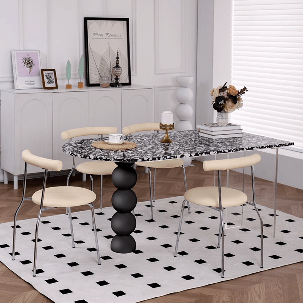 Half-elliptical terrazzo dining table with multicolor mosaic design, durable and stylish