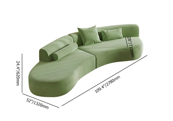Modern green curved velvet sectional sofa with pillows, 4-seater upholstered couch, 109 inches long