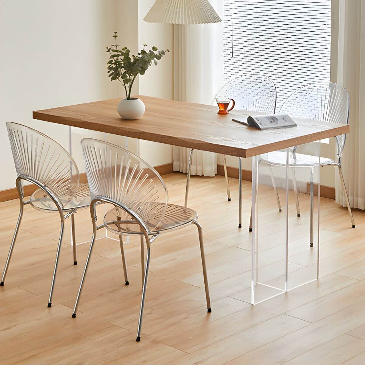 Scandinavian style stackable armless side chair made of plastic and acrylic for dining