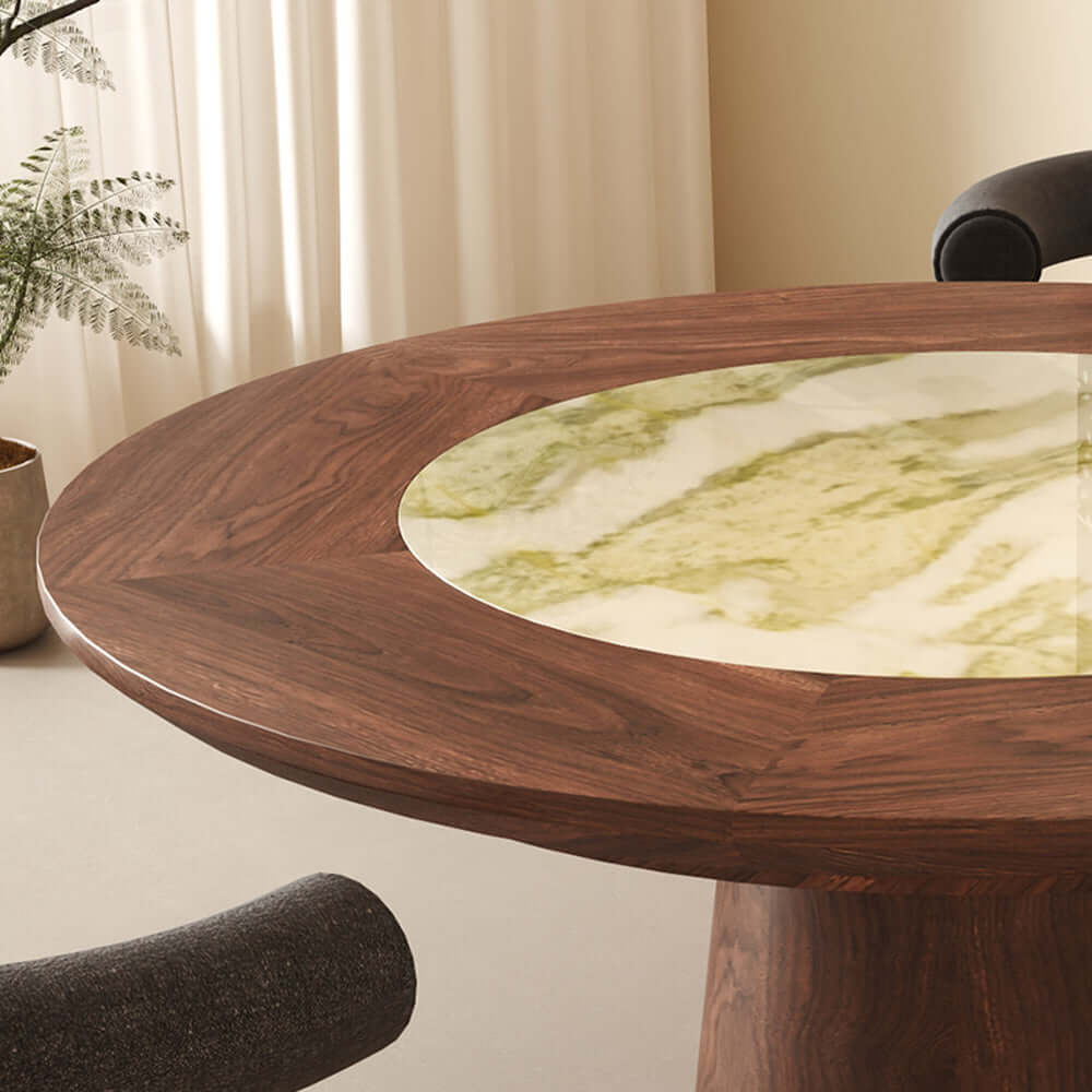 Cocochairs Modern Round Black Walnut Dining Table with Built-in Irish Green Luxury Stone Lazy Susan