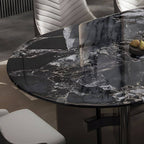Oval dining table with black marble top and trestle metal base, modern dining room set