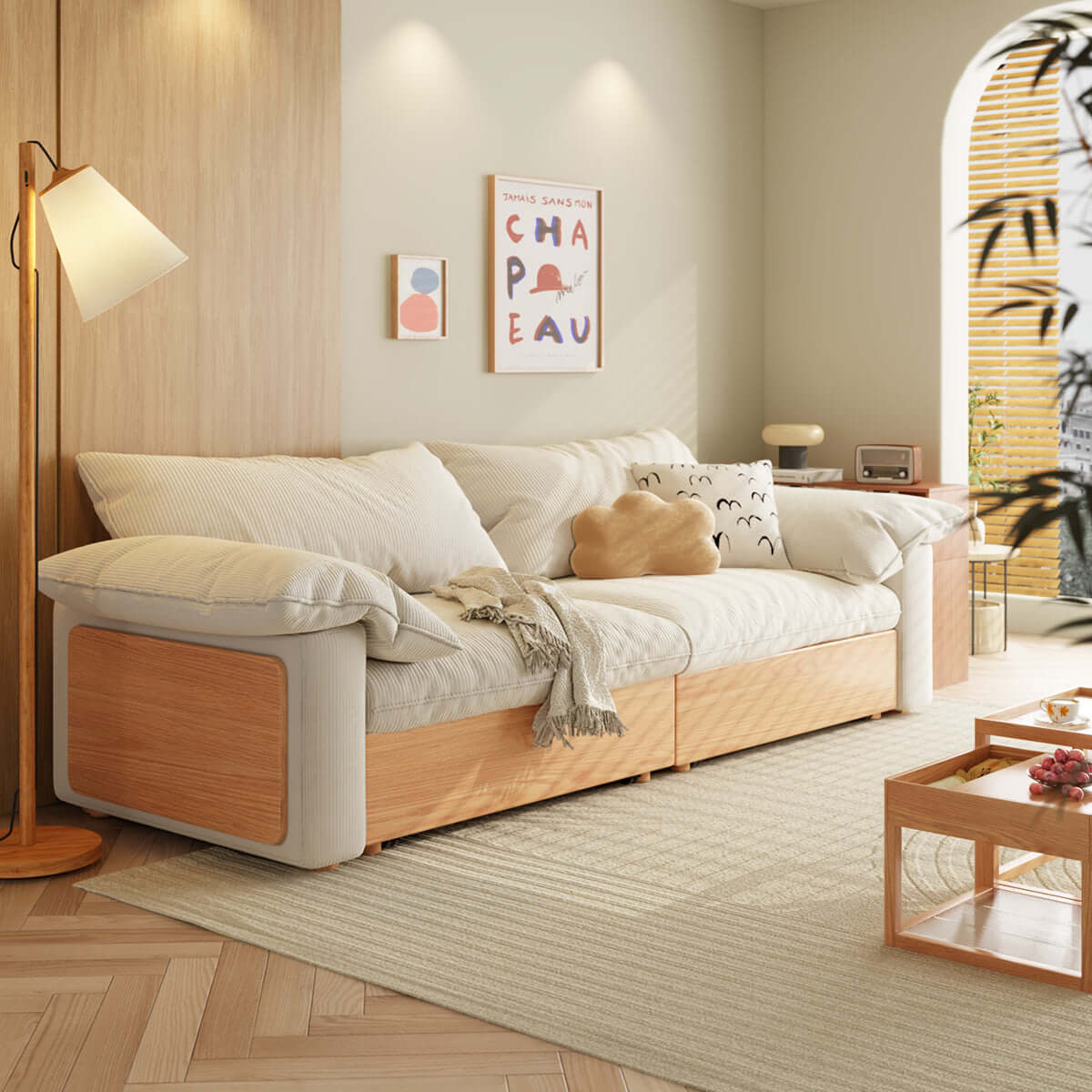 Japandi style pull-out sofa bed available in three fabric options for versatile seating and sleeping