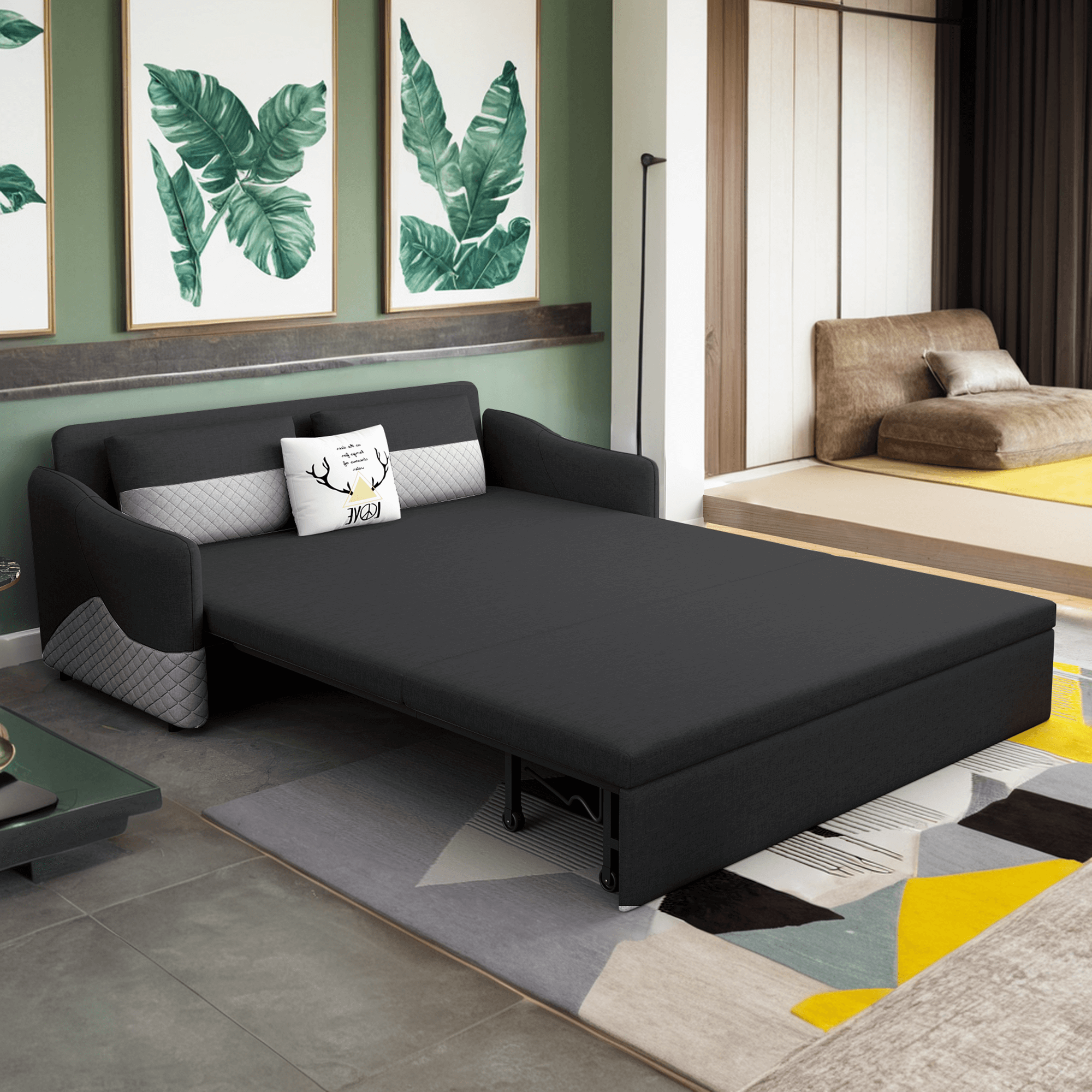 Grey 3-in-1 pull out couch bed with cotton linen upholstery and storage chaise