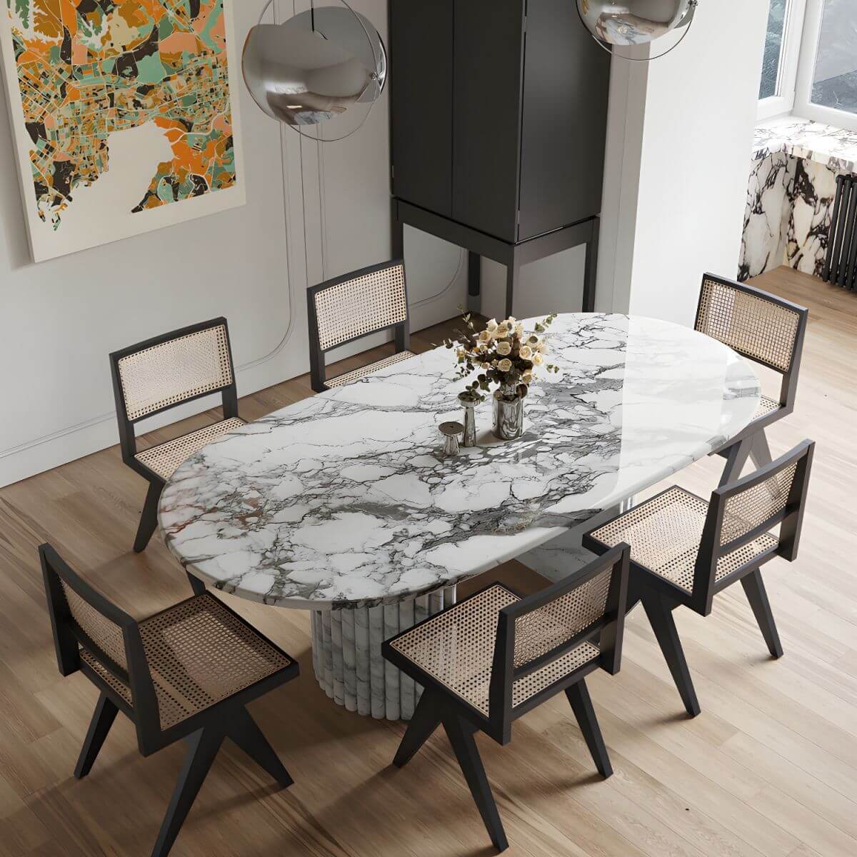 Modern oval marble dining table with white double pedestal base for stylish dining rooms