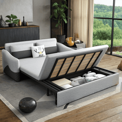Grey 3 in 1 Pull Out Couch Bed Cotton Linen with Storage Chaise