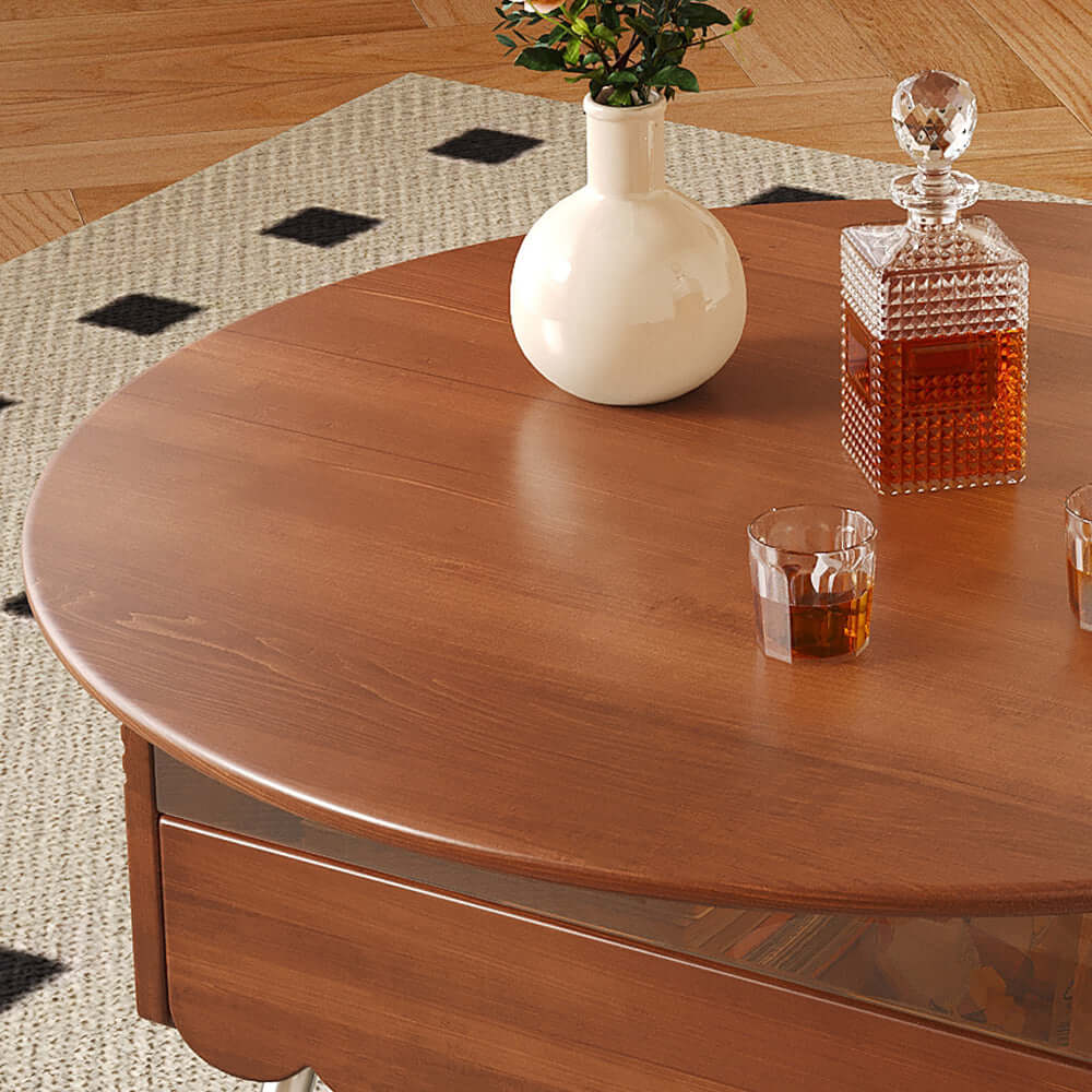 Retro round coffee table with adjustable height and wheels for easy mobility