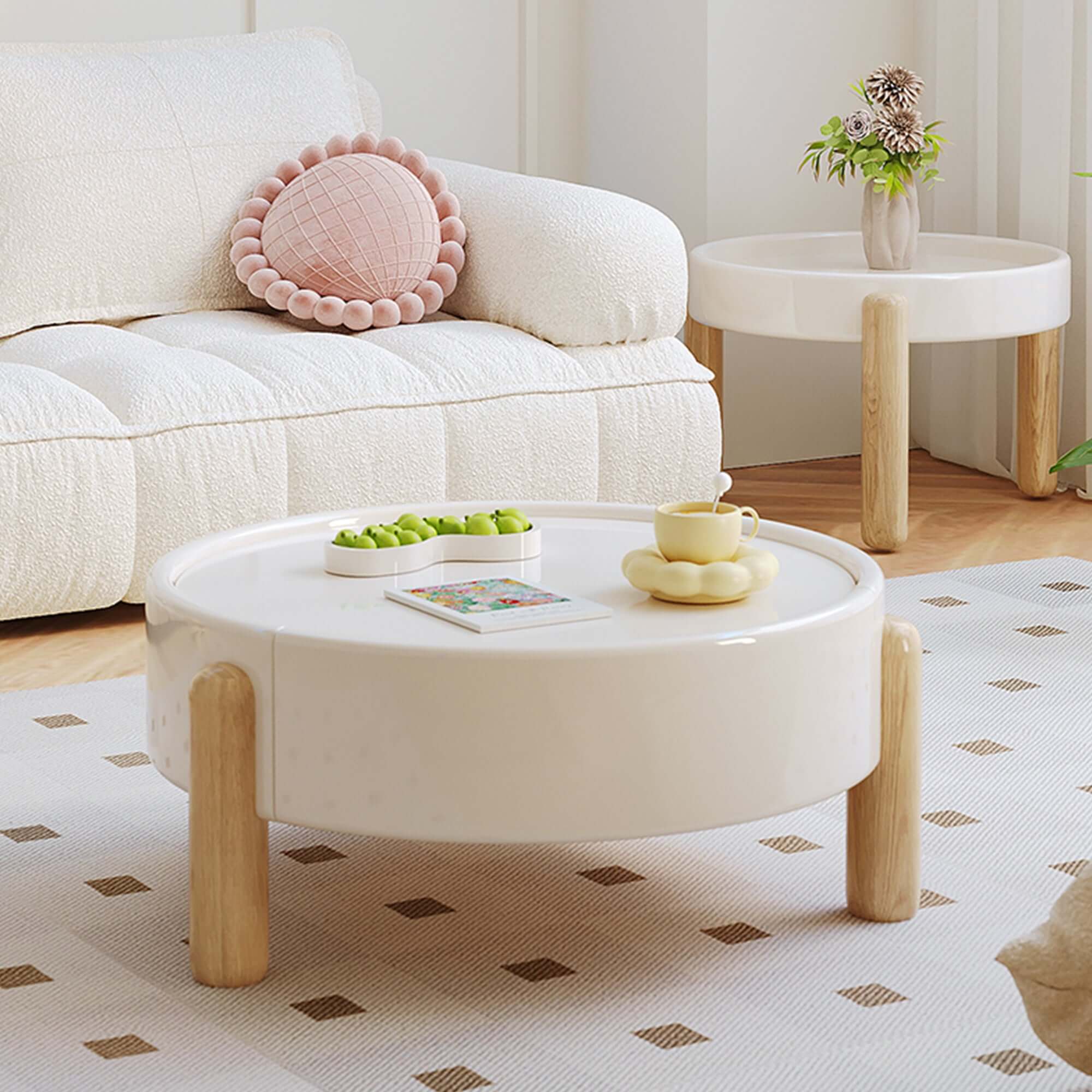 Modern 2-piece round nesting coffee table set with drawer and three legs