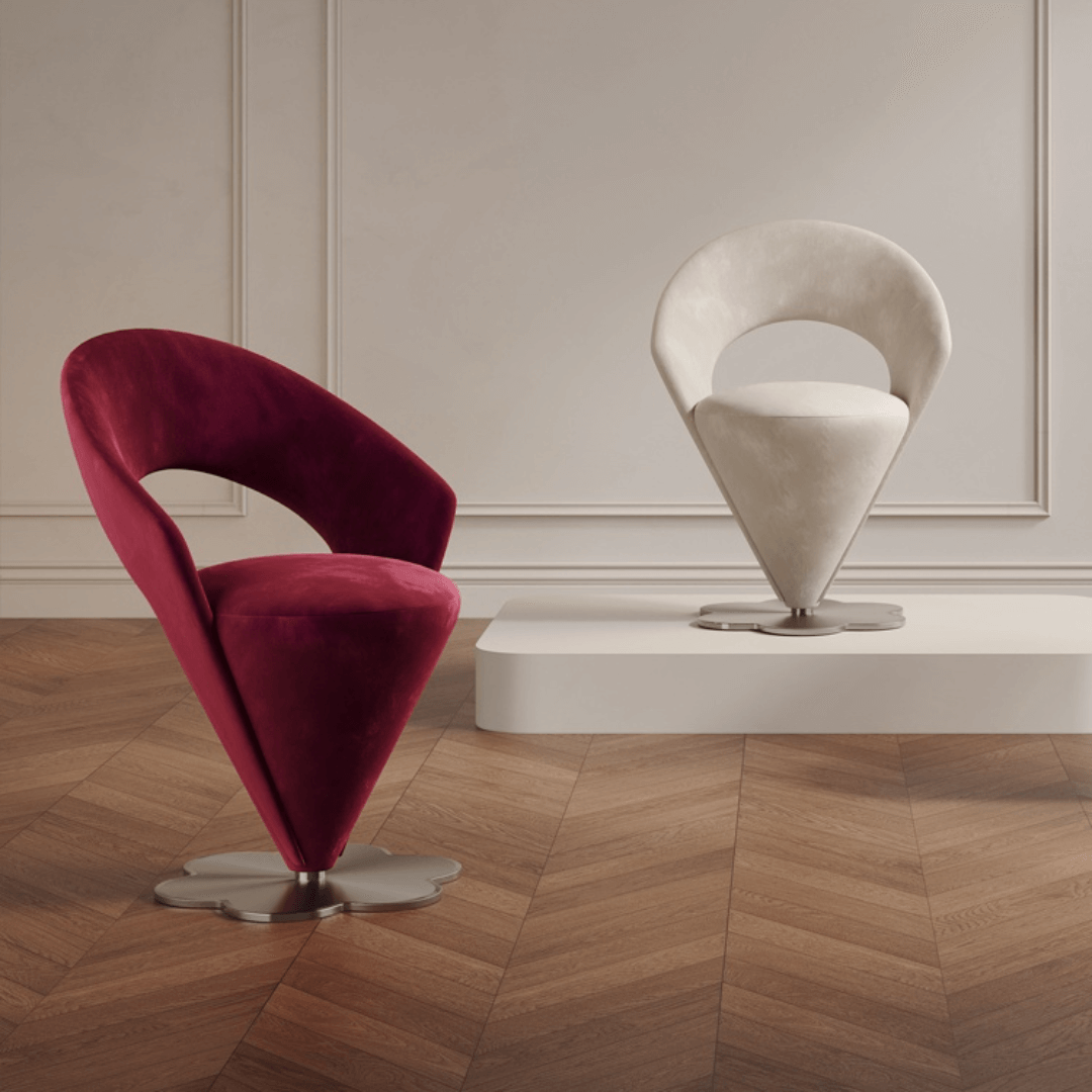 Pink and khaki Luxe Cone vanity stool with swivel feature for stylish seating