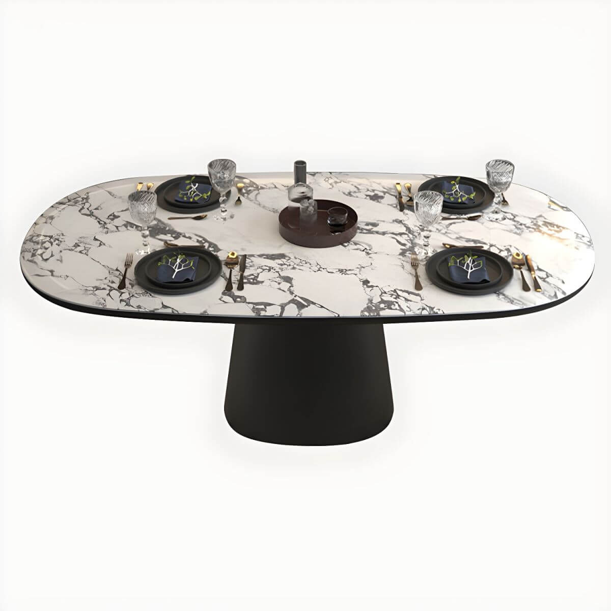 Oval black and white marble kitchen dining table with wooden base