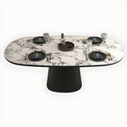 Oval black and white marble kitchen dining table with wooden base