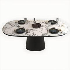 Modern Oval Black and White Marble Kitchen & Dining Table with Wood Base Dining Tables