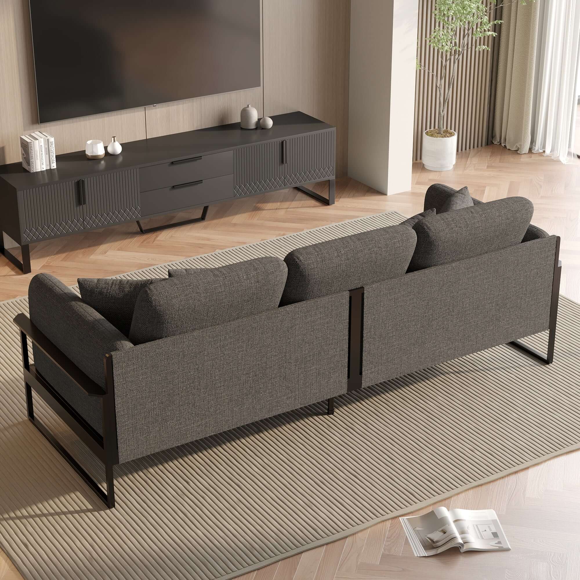 Modern upholstered sofa with metal frame, measuring 90.56 inches, perfect for stylish living rooms