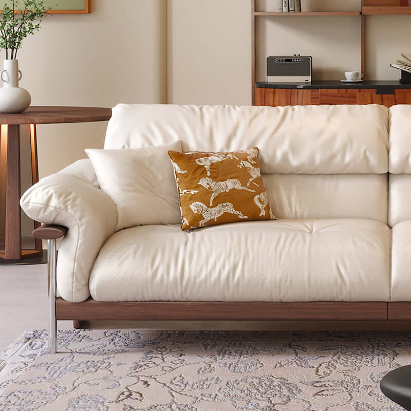 Three-seater sofa with straight-line design and top-grain leather upholstery