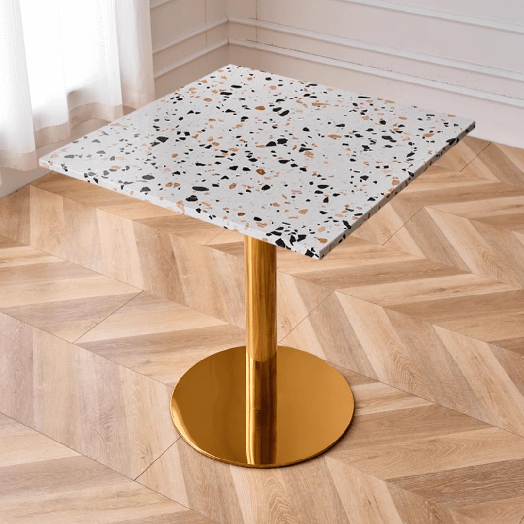 Modern marble table with sturdy metal base, perfect for adding a timeless aesthetic to any space