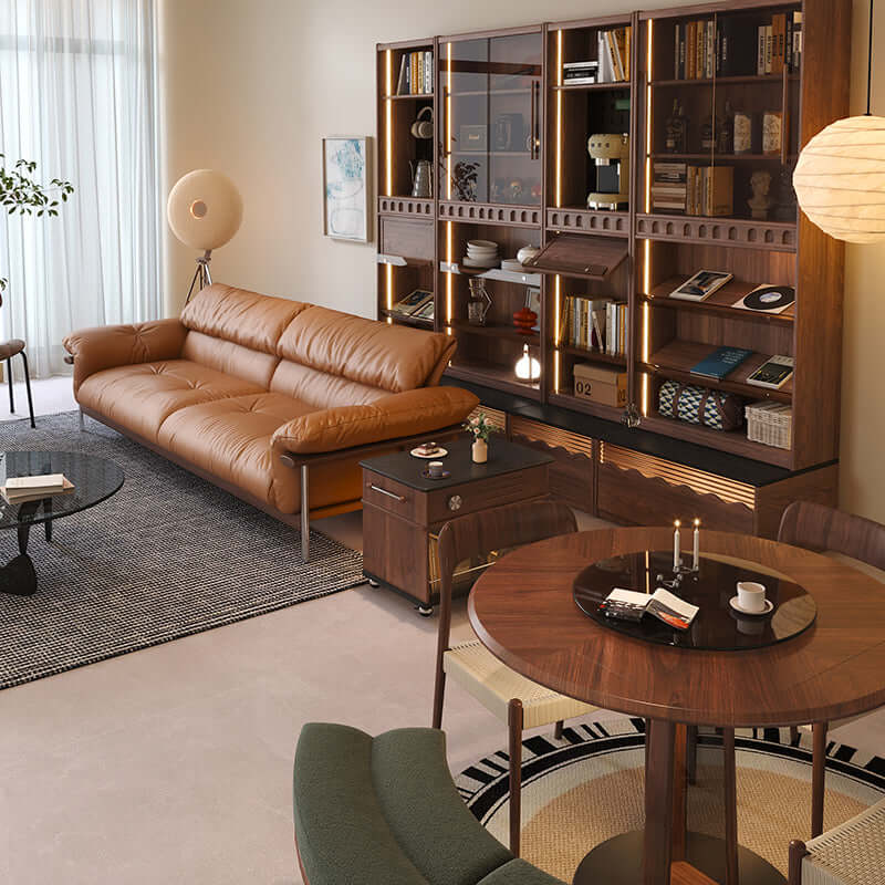 Three-seater sofa with straight-line design and top-grain leather upholstery