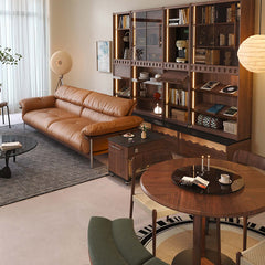 Three-Seater Sofa with Straight-Line Design & Top-grain Leather Upholstery