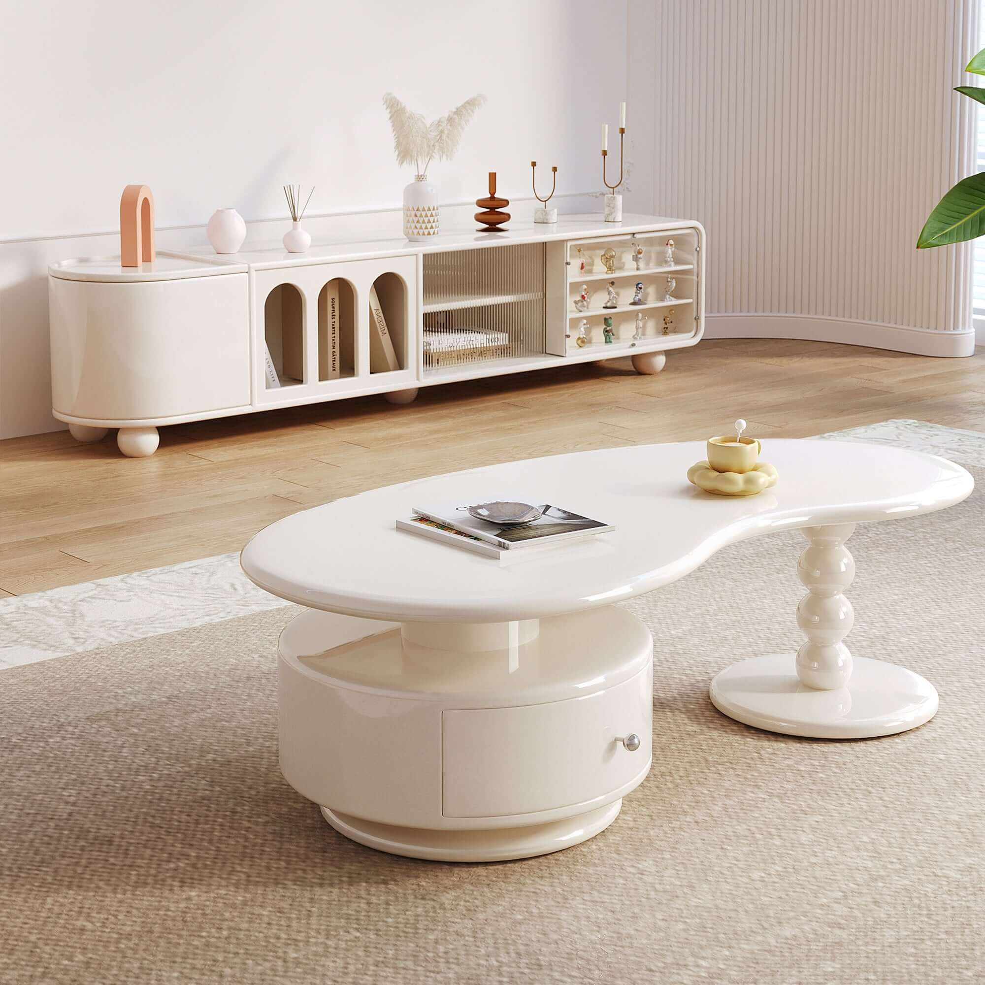 White modern coffee table with storage compartments, perfect for creative living spaces