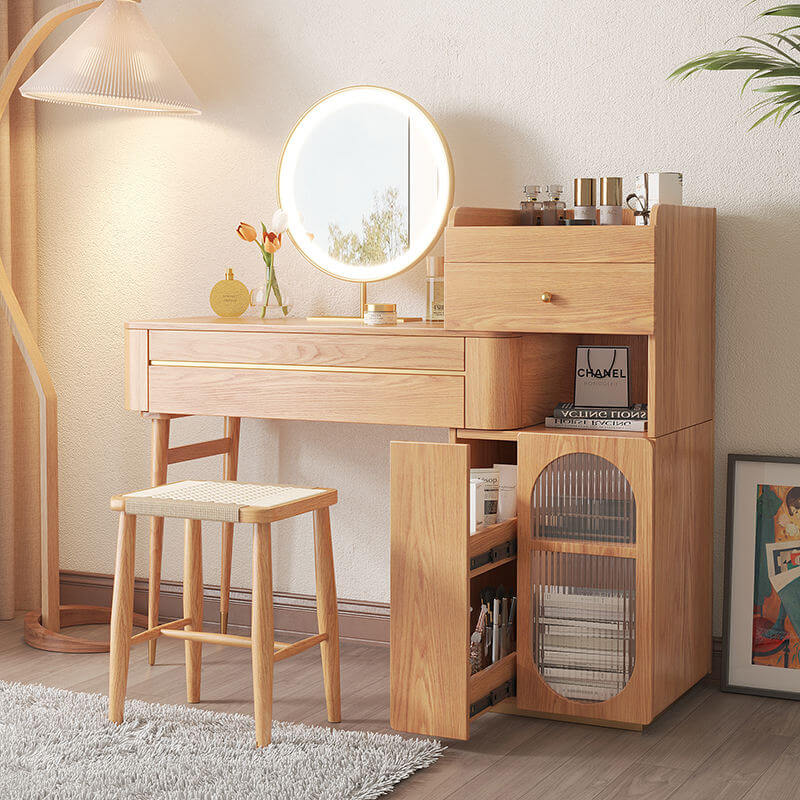 Large wooden makeup vanity table with side cabinet and spacious drawers for storage