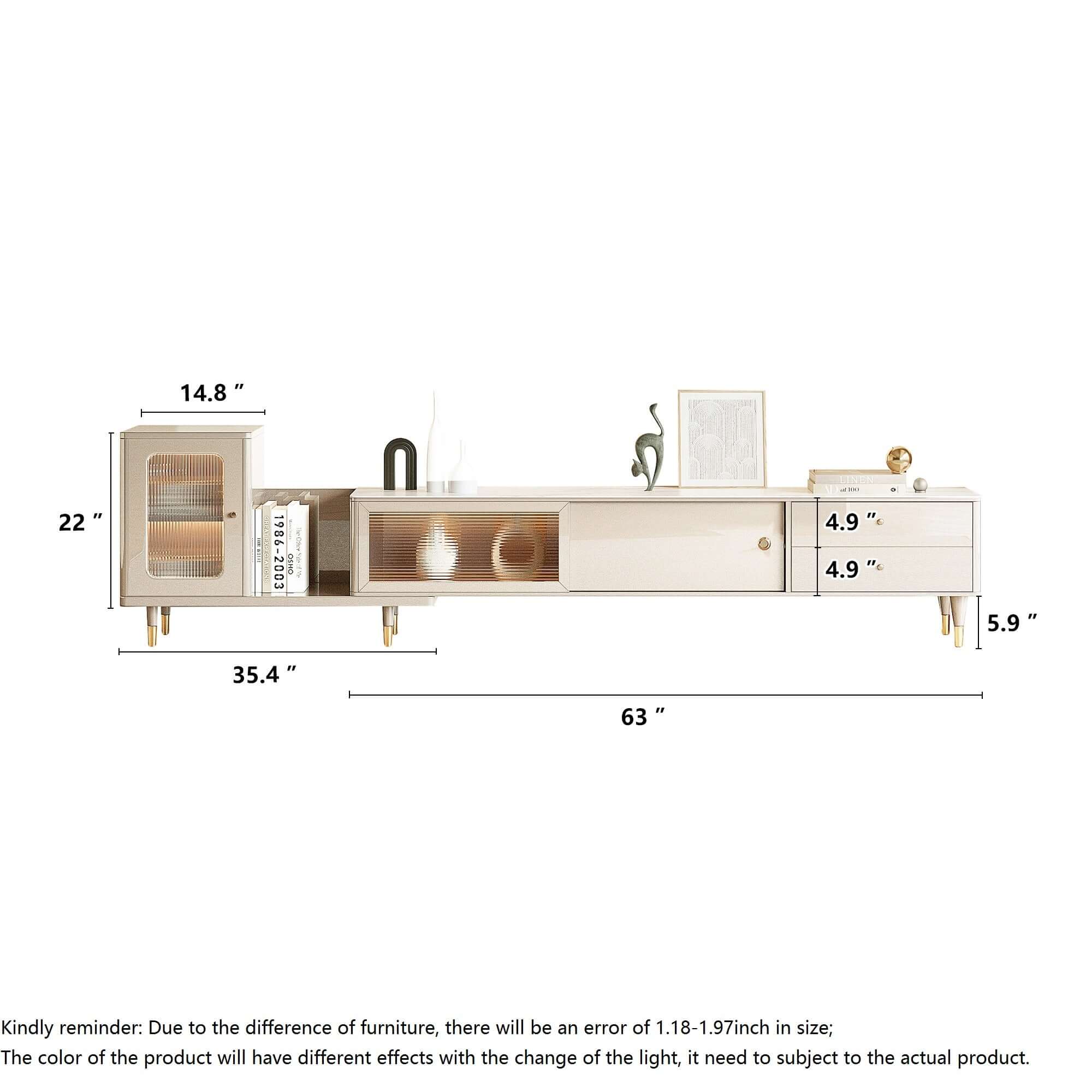 Beige retractable and extendable TV stand with drawers and storage for media organization