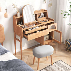 Wooden Makeup Vanity Table with Dressing Mirror & Drawers & Side Cabinet