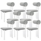 Contemporary upholstered dining chair with clear acrylic frame for kitchen seating