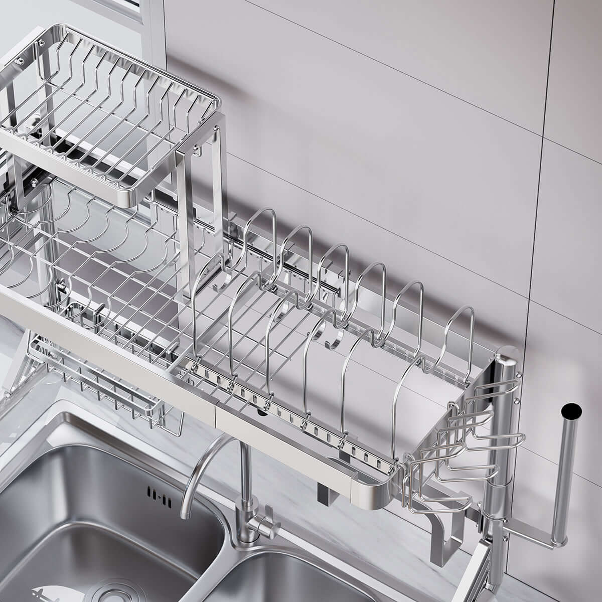 Large over-sink dish drying rack with multi-function organizer shelf for efficient kitchen storage