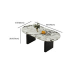 Oval modern dining table with stone top and black wood double pedestal base, 55.1 by 31.5 inches