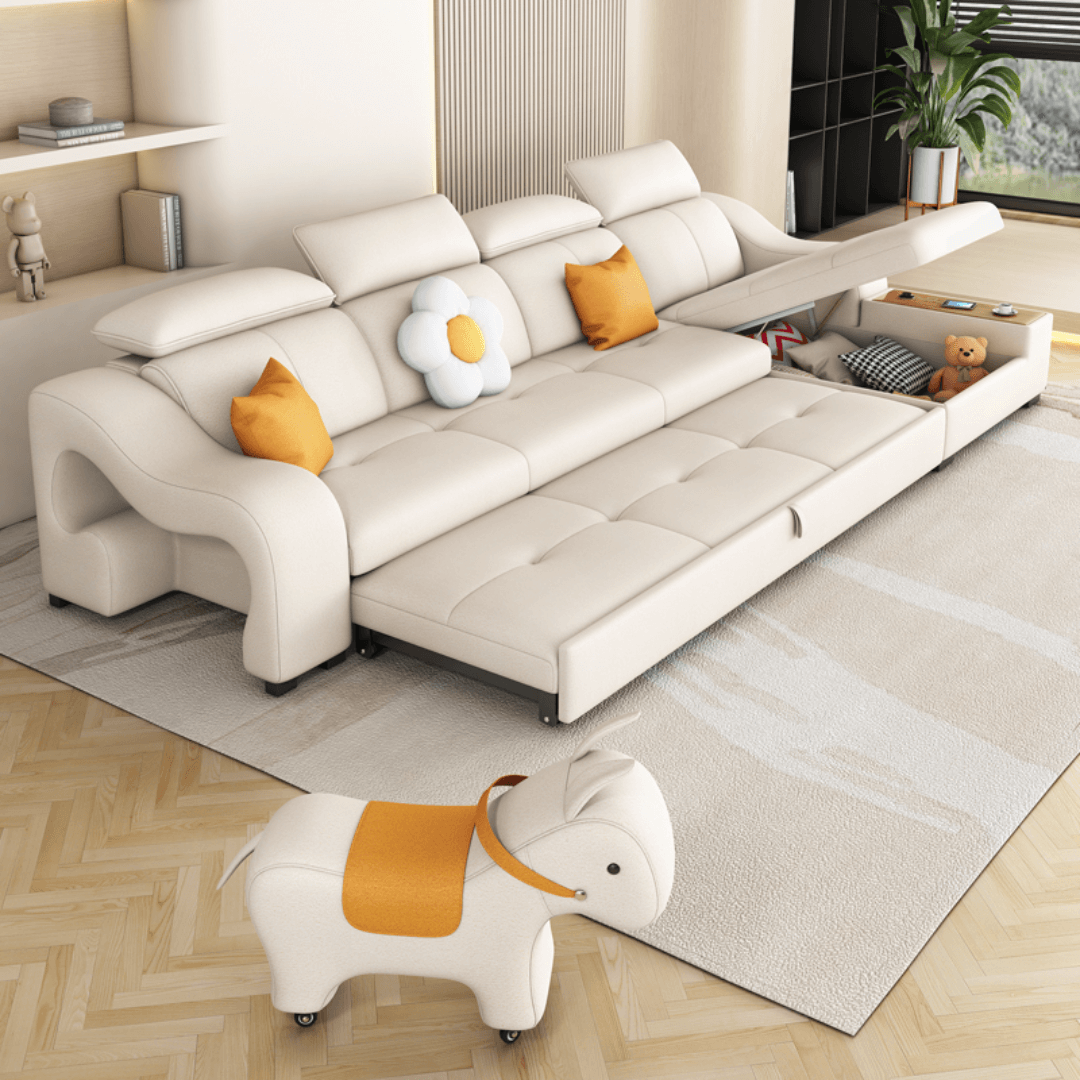 Verwandelbares, platzsparendes Schlafsofa mit Stauraum & süßem Pony-Hocker