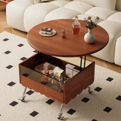 Retro Round Coffee Table with Multi-functionality Adjustable Height and Mobility