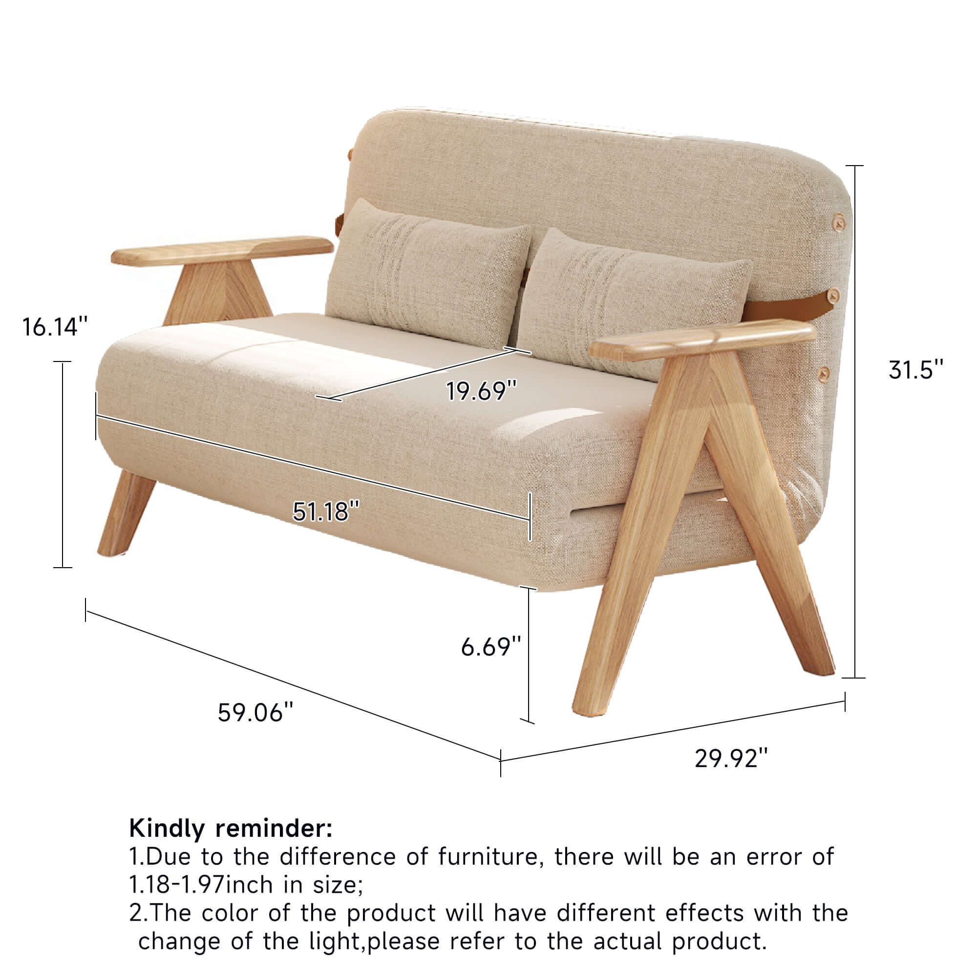 Foldable reclining sofa with armrest in cotton linen fabric for comfortable seating