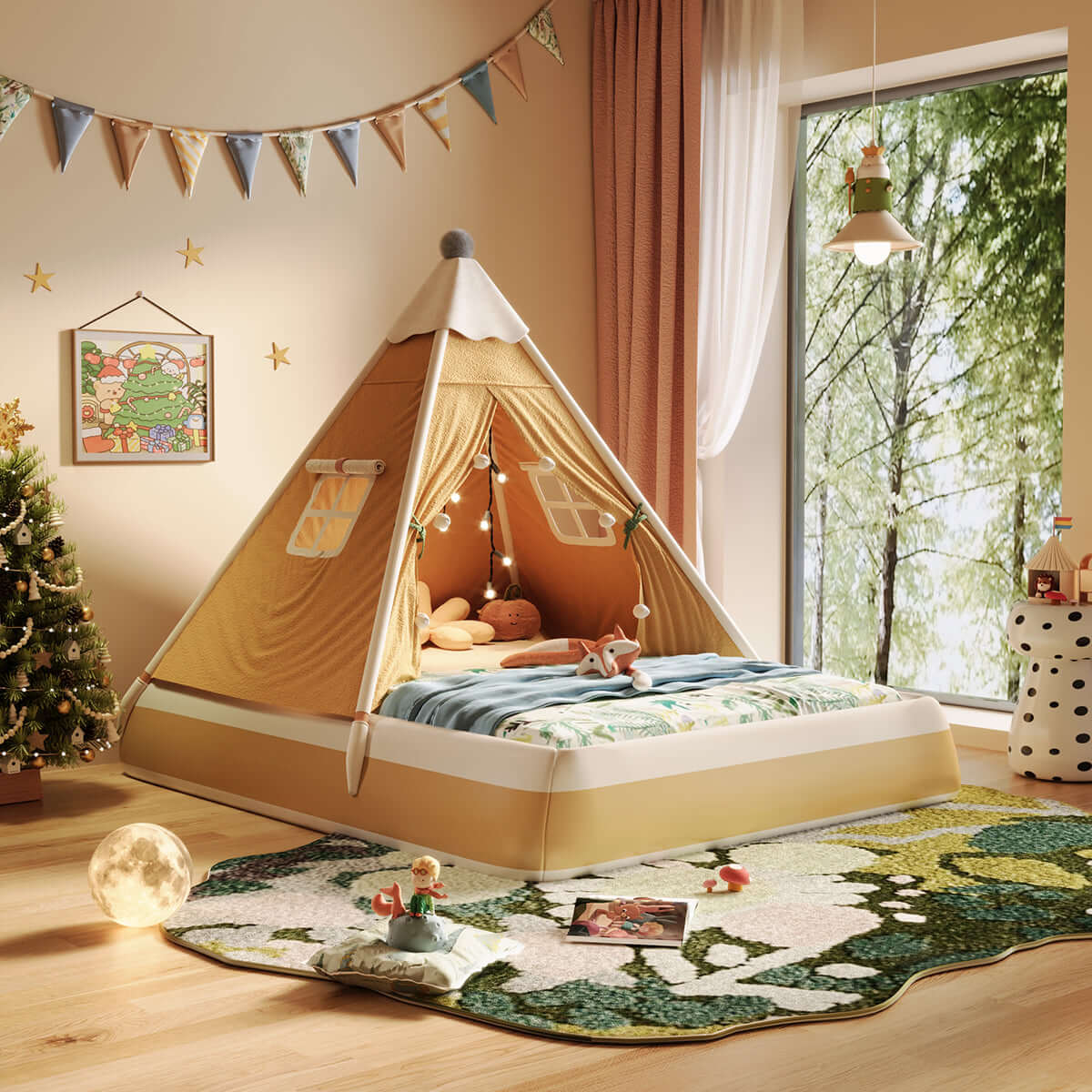 Christmas-themed upholstered kids tent bed providing a safe and festive play and rest space