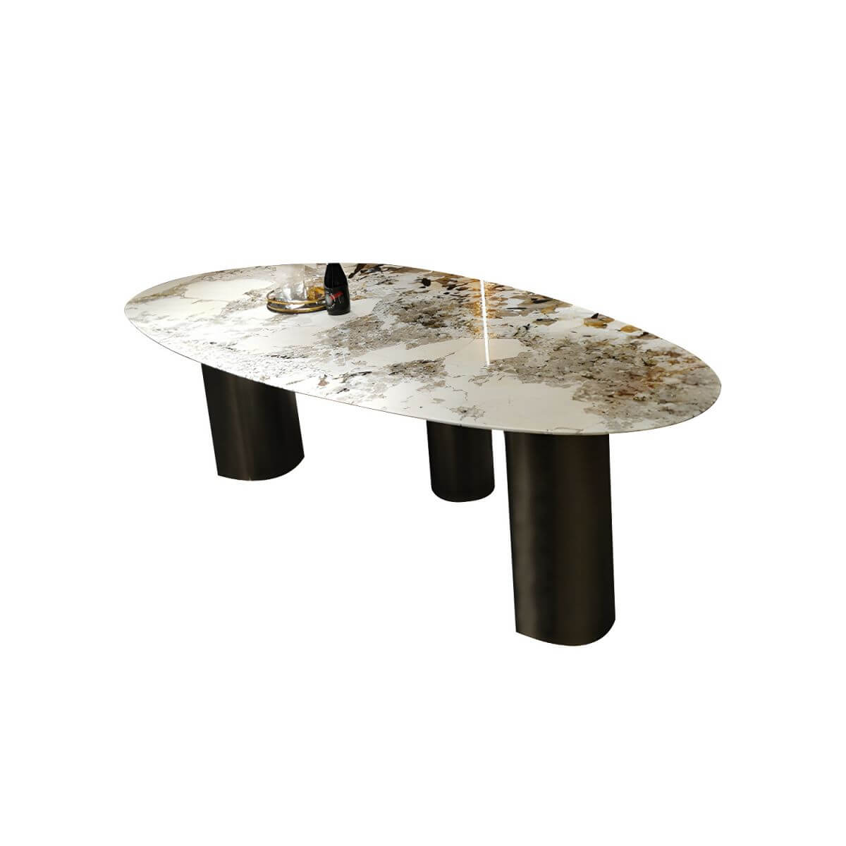 Oval marble dining table with white top and three gold steel legs