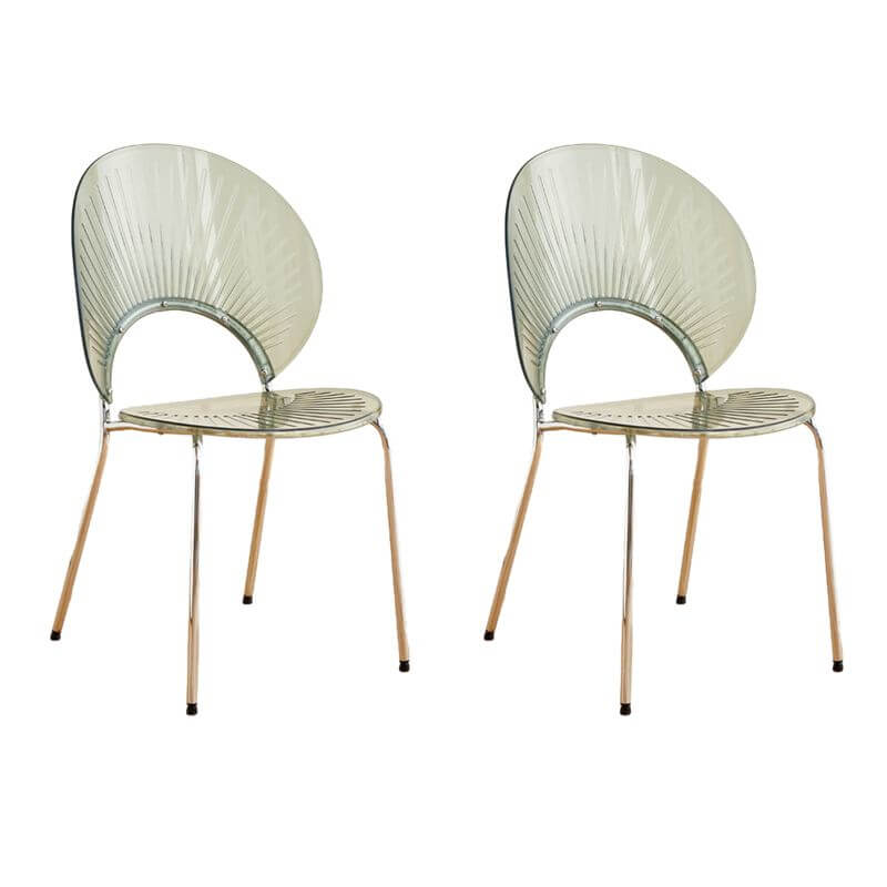 Stackable Scandinavian style dining chair with plastic seat, acrylic back, and silver legs