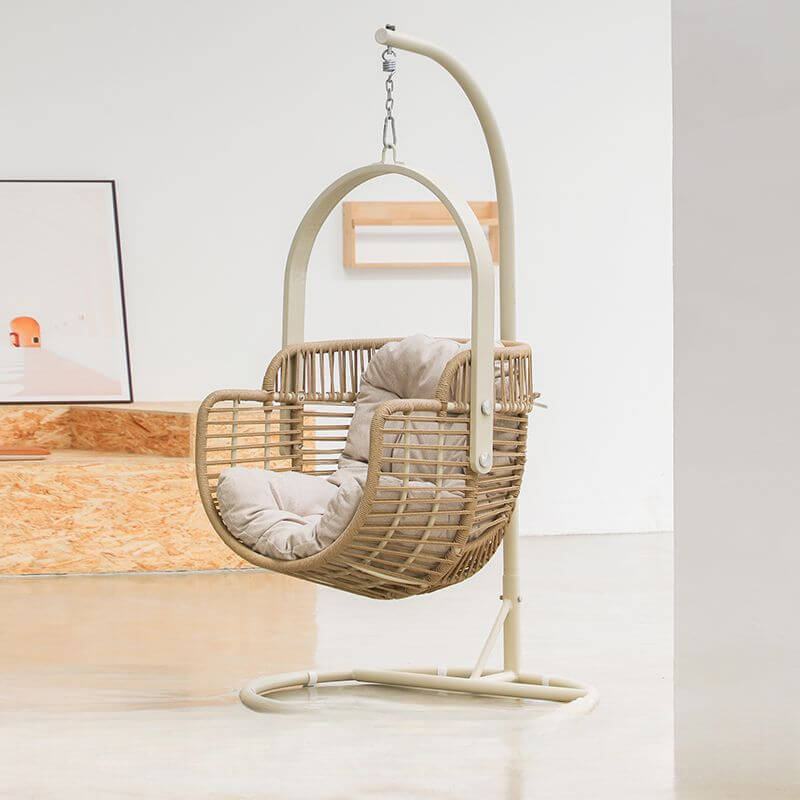 Tropical cocoa and cream upholstered porch swing with alloy frame, stand, and chain included