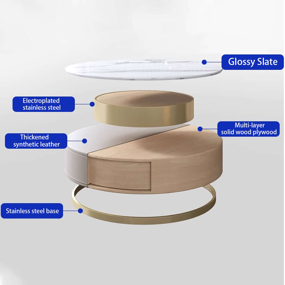 Modern high-low round coffee table set with luxury slate top and storage drawers